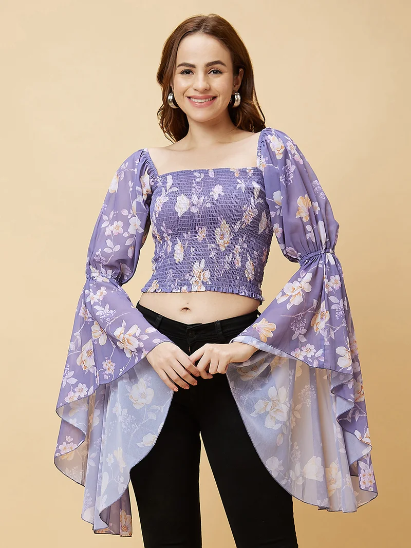 globus Women Floral Print Bell Sleeve Crop Top