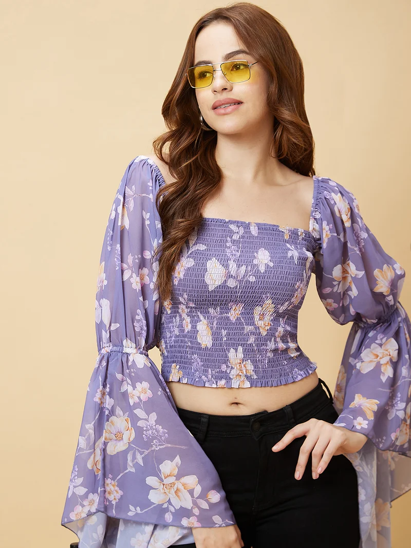 globus Women Floral Print Bell Sleeve Crop Top