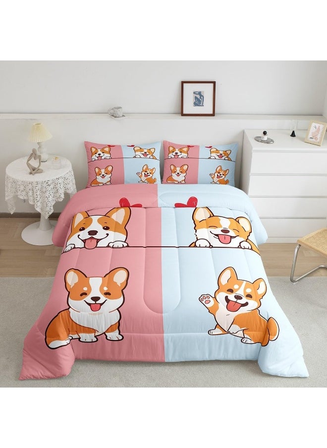 Generic Castle Fairy Kids Cartoon Dog Full Size Comforter Set Smiling Doggy Corgi Pet Theme Bedding Gift for Kids Girls Room Pink Blue Bottom Quilted Duvet with 2 Pillowcase, 3 Pcs  - Image 1