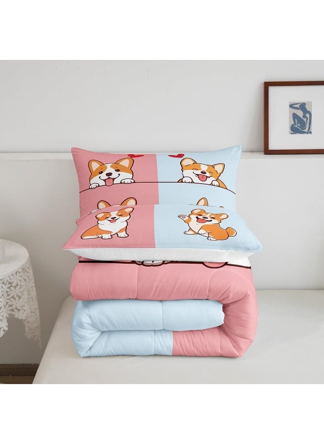 Generic Castle Fairy Kids Cartoon Dog Full Size Comforter Set Smiling Doggy Corgi Pet Theme Bedding Gift for Kids Girls Room Pink Blue Bottom Quilted Duvet with 2 Pillowcase, 3 Pcs  - Image 5