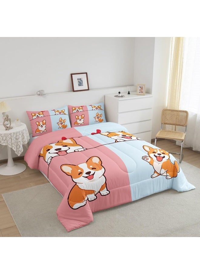 Generic Castle Fairy Kids Cartoon Dog Full Size Comforter Set Smiling Doggy Corgi Pet Theme Bedding Gift for Kids Girls Room Pink Blue Bottom Quilted Duvet with 2 Pillowcase, 3 Pcs  - Image 2
