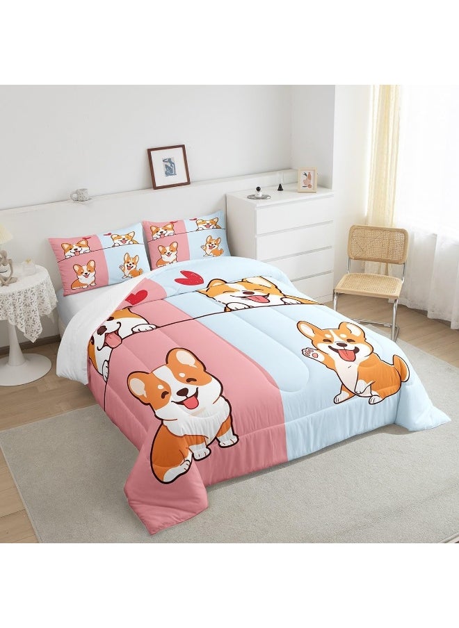 Generic Castle Fairy Kids Cartoon Dog Full Size Comforter Set Smiling Doggy Corgi Pet Theme Bedding Gift for Kids Girls Room Pink Blue Bottom Quilted Duvet with 2 Pillowcase, 3 Pcs  - Image 4