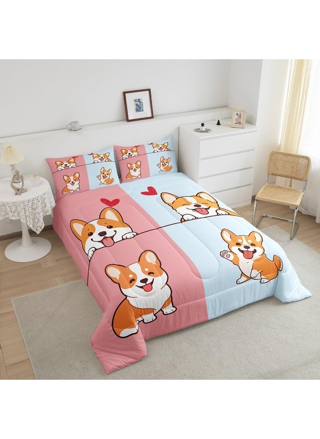 Generic Castle Fairy Kids Cartoon Dog Full Size Comforter Set Smiling Doggy Corgi Pet Theme Bedding Gift for Kids Girls Room Pink Blue Bottom Quilted Duvet with 2 Pillowcase, 3 Pcs  - Image 3