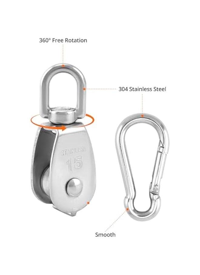 Arabest M15 304 Stainless Steel Single Pulley and Snap Hook Set - 10-Pack Heavy-Duty and Rust-Resistant with 360° Rotation - Max Load 80 lbs Pulley/119 lbs Hook for Versatile Indoor & Outdoor Use  - Image 2