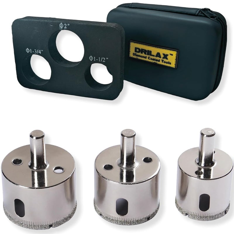 DRILAX 3-Pc Diamond Hole Saw Set | 1-1/2", 1-3/4", 2" Sizes | 1-3/8" Depth for 3cm Countertops | Includes Case & Guide | for Granite, Glass, Tile, Stone - Image 1