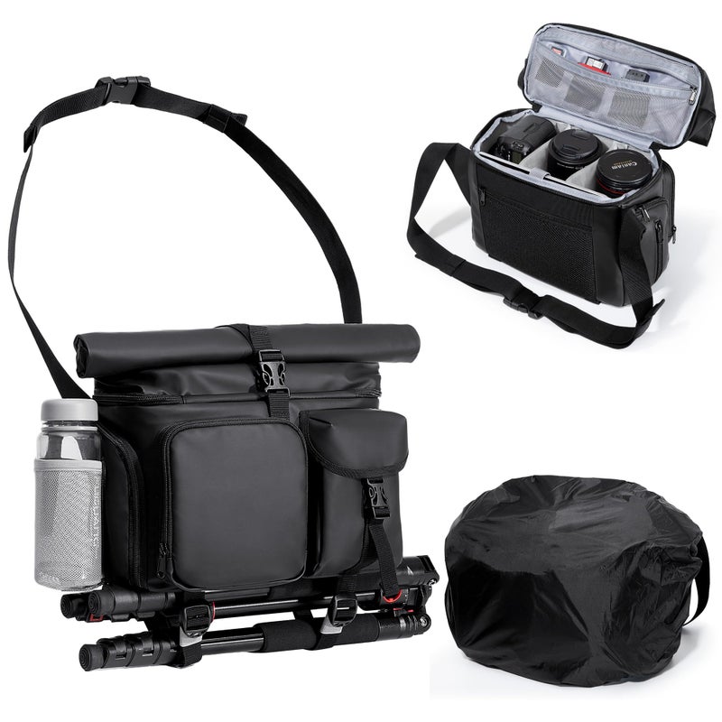 Smasrob Camera Bag with Tripod Holder, Rain Cover and Hidden Water Bottle Holder, Camera Sling Bag with Extra Storage Section, Black - Image 1
