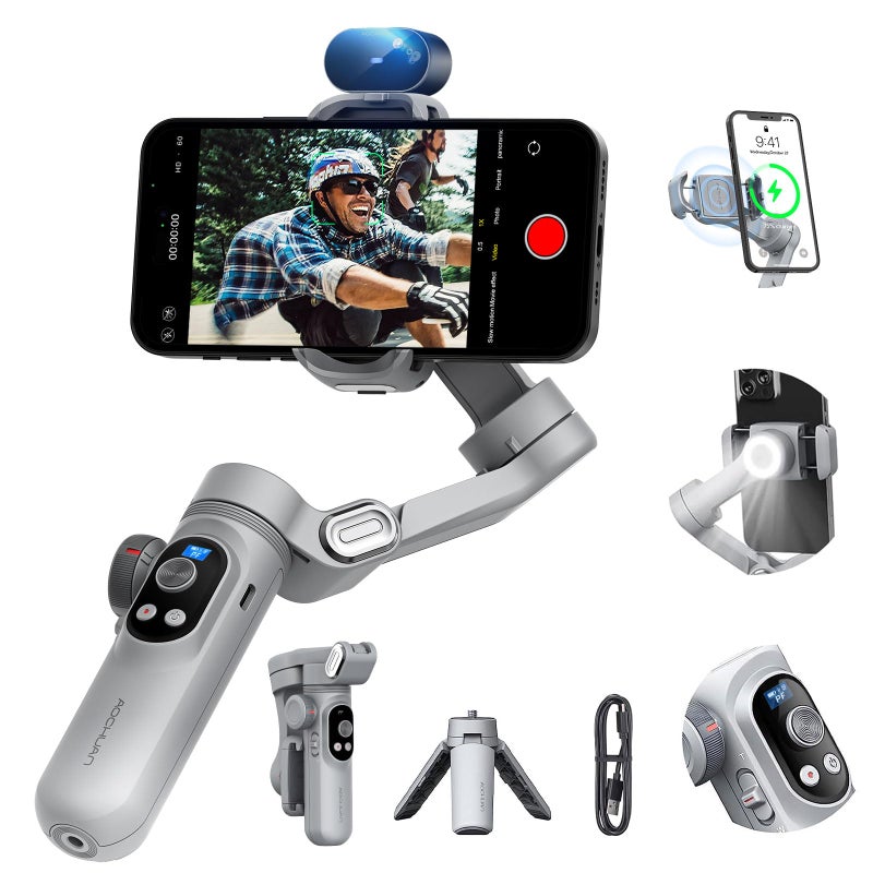 AOCHUAN Gimbal Stabilizer for Smartphone AI TrackingNo App 3axis Gimbal with OLED DisplayBuiltin Light Stabilizer for iPhoneAndroid AOCHUAN X Pro Grey AI Version