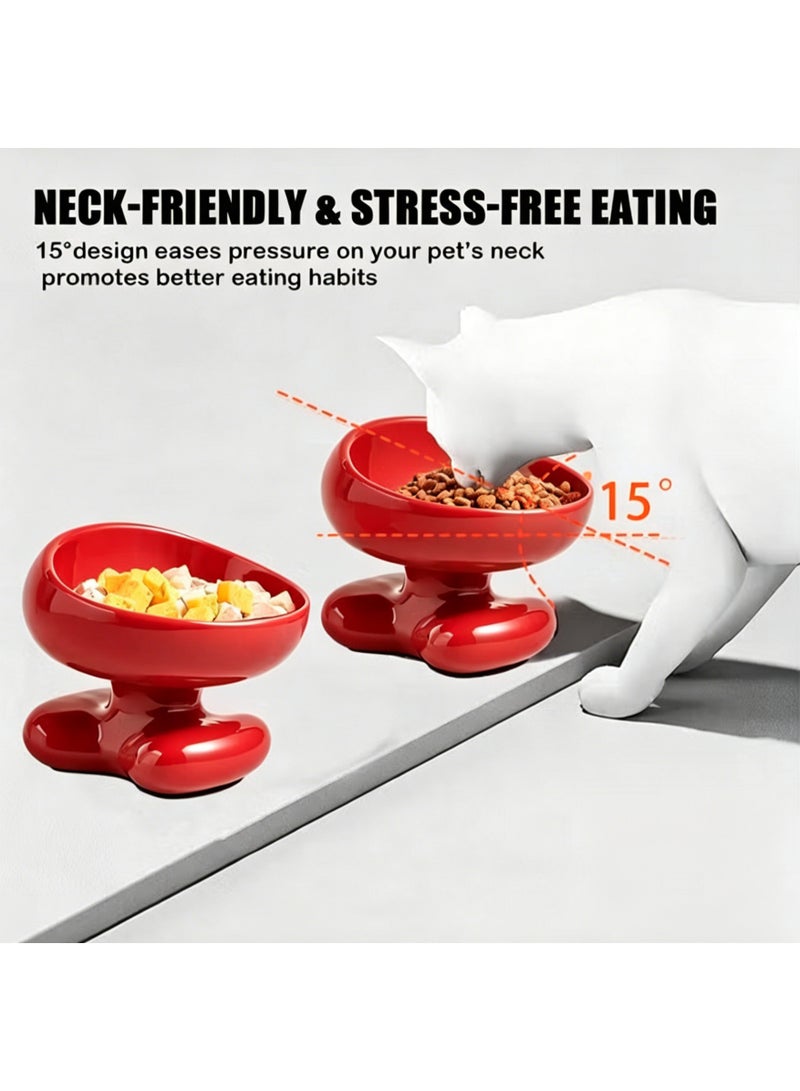 Nailuck Ceramic Elevated Cat Bowl, 15° Tilted Neck-Friendly Pet Food Water Bowl, Anti-Spill Curved Design for Cats & Small Dogs, red - Image 3