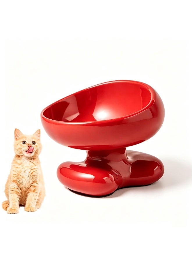 Nailuck Ceramic Elevated Cat Bowl, 15° Tilted Neck-Friendly Pet Food Water Bowl, Anti-Spill Curved Design for Cats & Small Dogs, red - Image 1