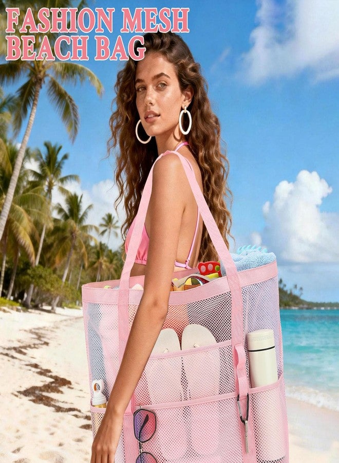 GYEUKHAM Mesh Beach Bag - Large Beach Tote Bag with Multiple Pockets for Family Beach Bag for Toys & Vacation Essentials, Pink, Large - Image 2
