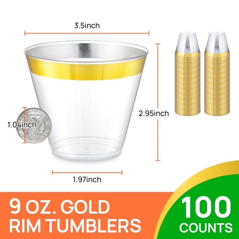 Byvivace 100Counts 9 OZ. Disposable Cups Old fashioned Party Tumblers  9 Ounce Squat Cups Gold Rimmed Hard Plastic Party Wedding Cups with Gold Rim - Image 2