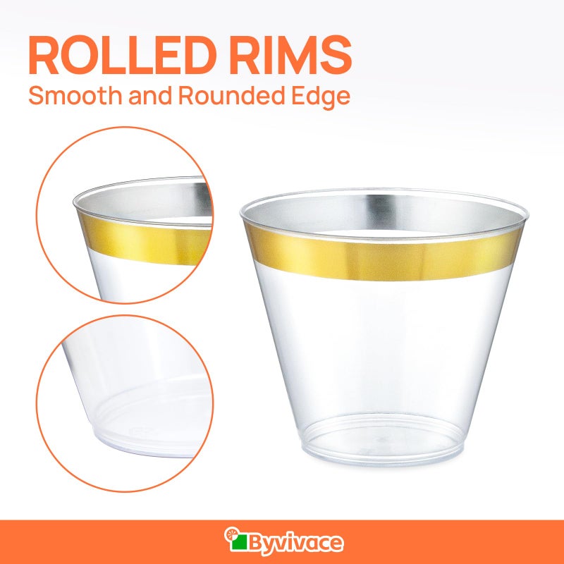 Byvivace 100Counts 9 OZ. Disposable Cups Old fashioned Party Tumblers  9 Ounce Squat Cups Gold Rimmed Hard Plastic Party Wedding Cups with Gold Rim - Image 3
