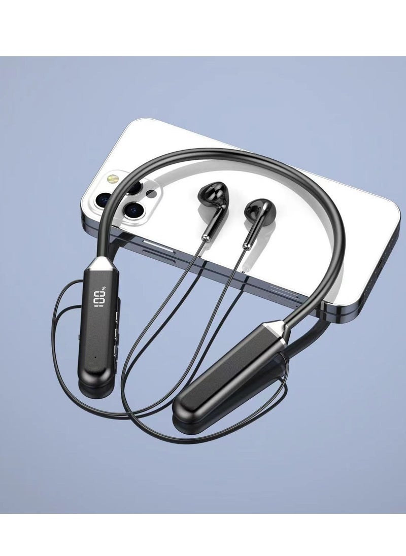Generic Wireless neck-worn digital display bluetooth headset with large battery and long battery life hanging neck wireless bluetooth sports headset black  - Image 1