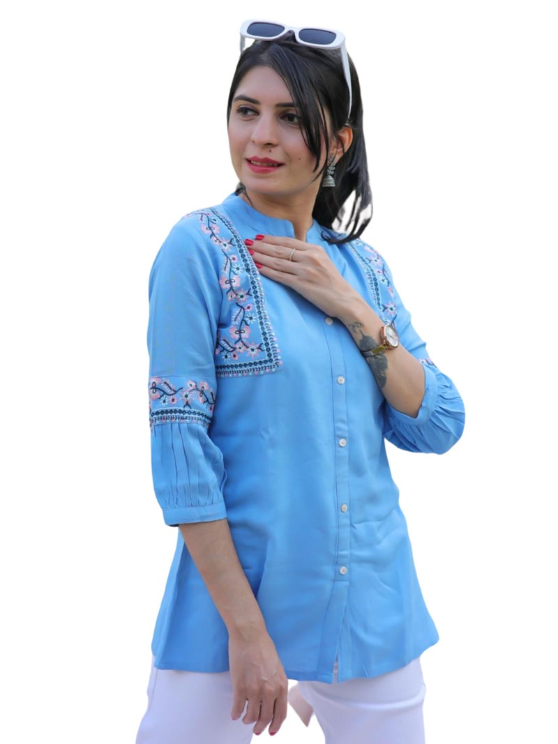 EthnicJunction Women's Light Blue Viscose Rayon Embroidered A-line Short Kurti Summer Kurti | Short Kurti for Women | Top for Office | Women's Tunics Tops | Kurta Shirt Top | Regular Fit Top - Image 1
