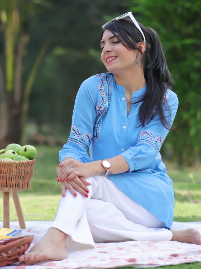 EthnicJunction Women's Light Blue Viscose Rayon Embroidered A-line Short Kurti Summer Kurti | Short Kurti for Women | Top for Office | Women's Tunics Tops | Kurta Shirt Top | Regular Fit Top - Image 2
