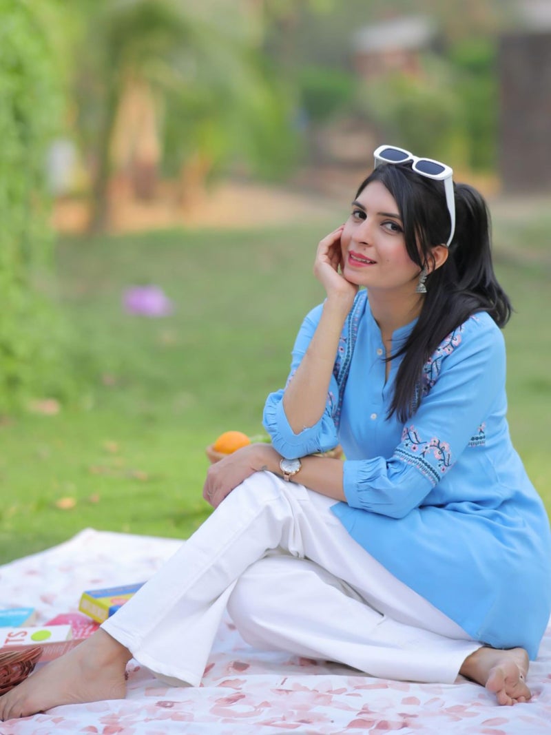 EthnicJunction Women's Light Blue Viscose Rayon Embroidered A-line Short Kurti Summer Kurti | Short Kurti for Women | Top for Office | Women's Tunics Tops | Kurta Shirt Top | Regular Fit Top - Image 3