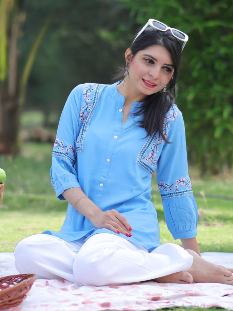 EthnicJunction Women's Light Blue Viscose Rayon Embroidered A-line Short Kurti Summer Kurti | Short Kurti for Women | Top for Office | Women's Tunics Tops | Kurta Shirt Top | Regular Fit Top - Image 5