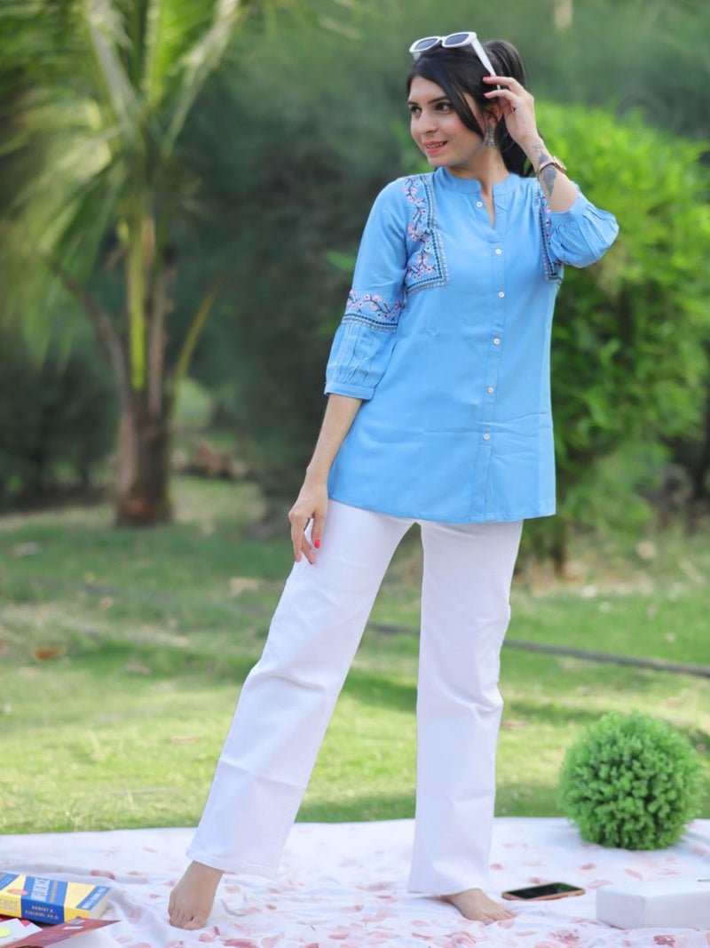 EthnicJunction Women's Light Blue Viscose Rayon Embroidered A-line Short Kurti Summer Kurti | Short Kurti for Women | Top for Office | Women's Tunics Tops | Kurta Shirt Top | Regular Fit Top - Image 4