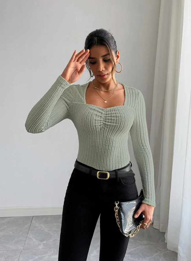 Take Two Women Green Long Sleeve Ribbed Top