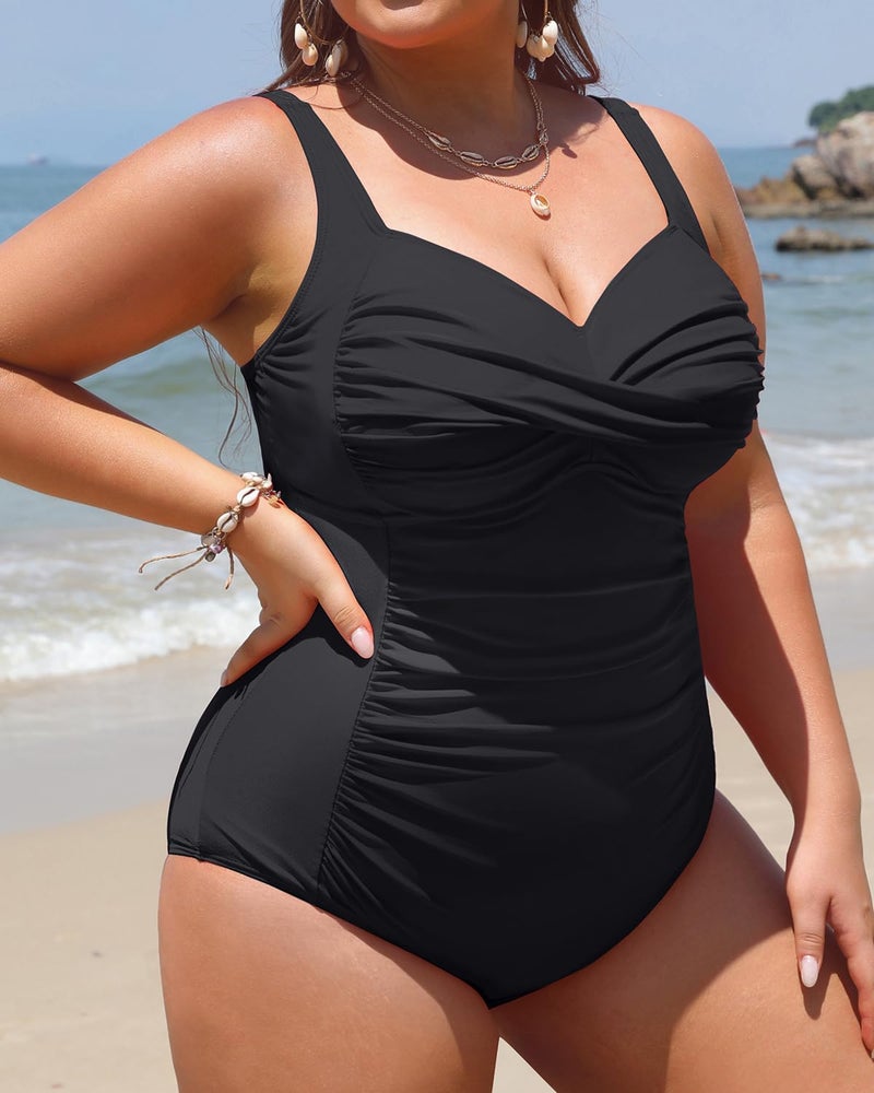 Yonique Women Plus Size One Piece Swimsuits Tummy Control Bathing Suits Twist Front Ruched Swimwear Black 16W - Image 4