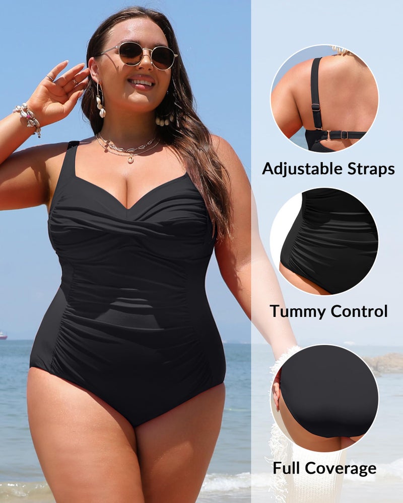 Yonique Women Plus Size One Piece Swimsuits Tummy Control Bathing Suits Twist Front Ruched Swimwear Black 16W - Image 2