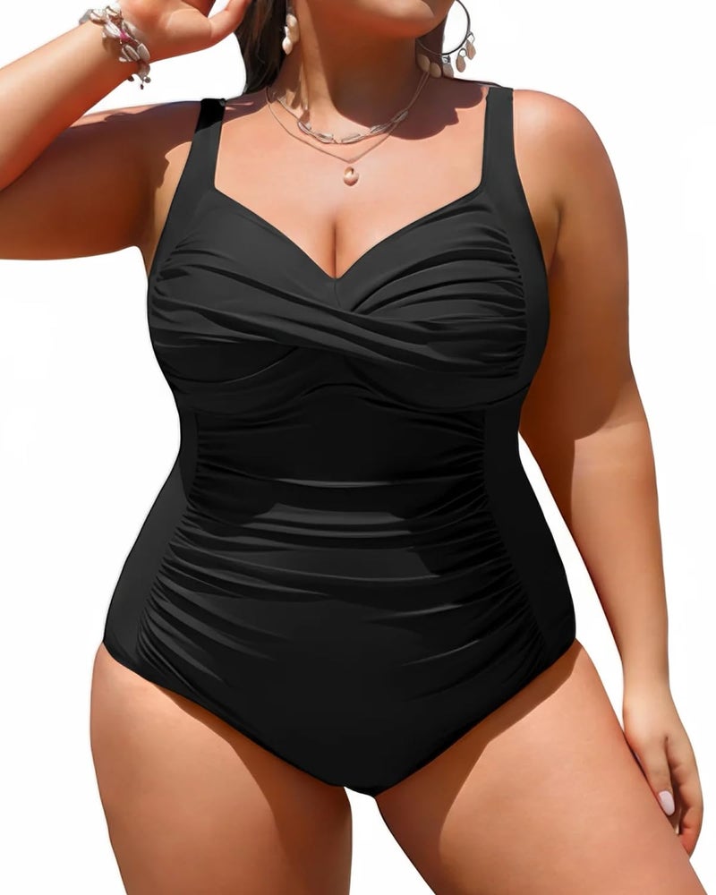 Yonique Women Plus Size One Piece Swimsuits Tummy Control Bathing Suits Twist Front Ruched Swimwear Black 16W - Image 1