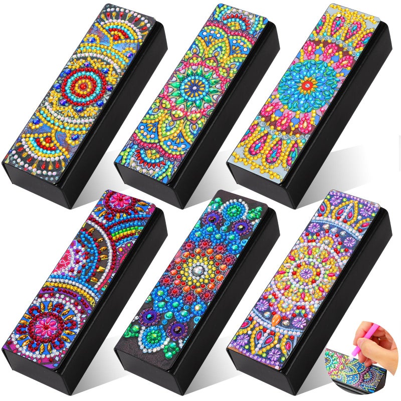 Copkim 6 Packs 5D Diamond Painting Sunglass Case, DIY Sunglasses Storage Box Kit with Diamond Painting, Mandal Alloyseed Leather DIY Handmade Diamond Art Glasses Case for Art Craft Gift Travel - Image 1