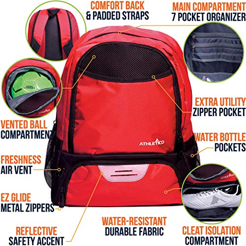 Athletico Youth Soccer Bag - Soccer Backpack & Bags for Basketball, Volleyball & Football | Includes Separate Cleat and Ball Compartment (Red) - Image 2