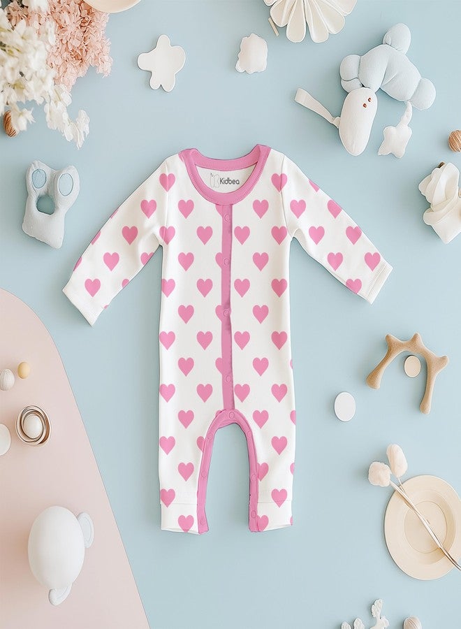 Kidbea® 100% Cotton Romper Jumpsuit Night Suits for Infants Newborn Baby Boys & Girls Heart Printed With Pink Color Size 6-9 Months - Image 4