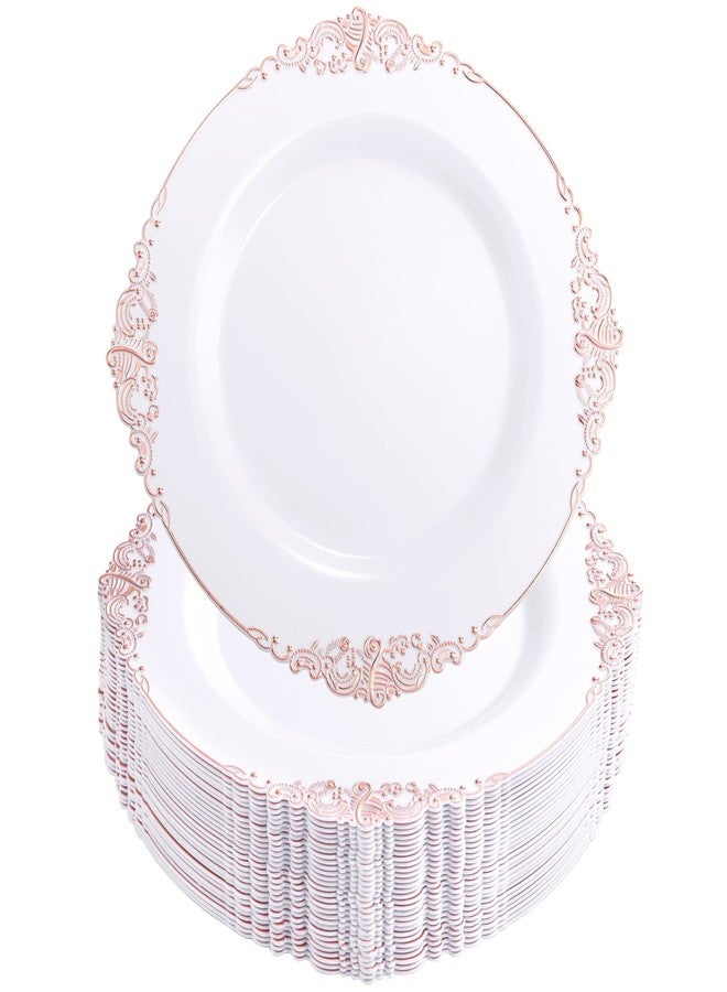 Morejoy 100 Pieces Rose Gold Plastic Plates - Rose Gold Disposable Plates - 10.25inch White Plastic Dinner Plates With Rose Gold Rim for Weddings & Parties & Shower - Image 1