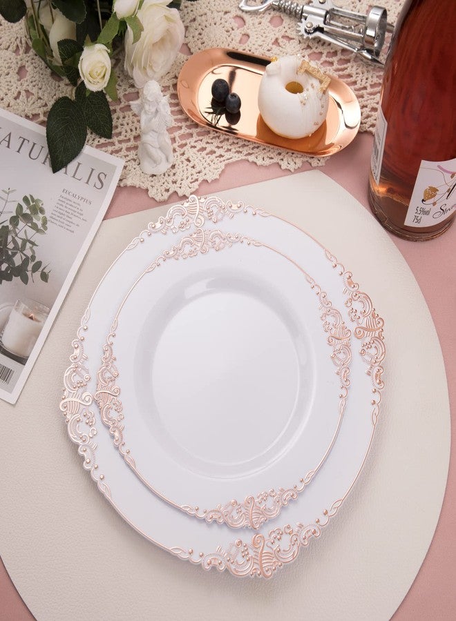 Morejoy 100 Pieces Rose Gold Plastic Plates - Rose Gold Disposable Plates - 10.25inch White Plastic Dinner Plates With Rose Gold Rim for Weddings & Parties & Shower - Image 2