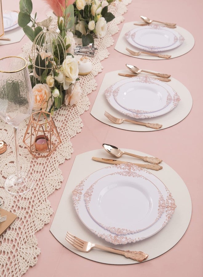 Morejoy 100 Pieces Rose Gold Plastic Plates - Rose Gold Disposable Plates - 10.25inch White Plastic Dinner Plates With Rose Gold Rim for Weddings & Parties & Shower - Image 4