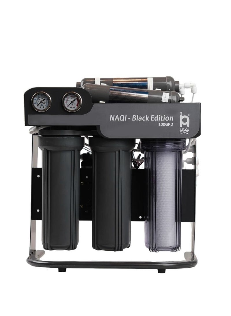 NAQI Black Edition 7 Stage RO Water Filter 100 GPD with Powerful Pump Electric Safety Valve Matte Black Design - Image 1