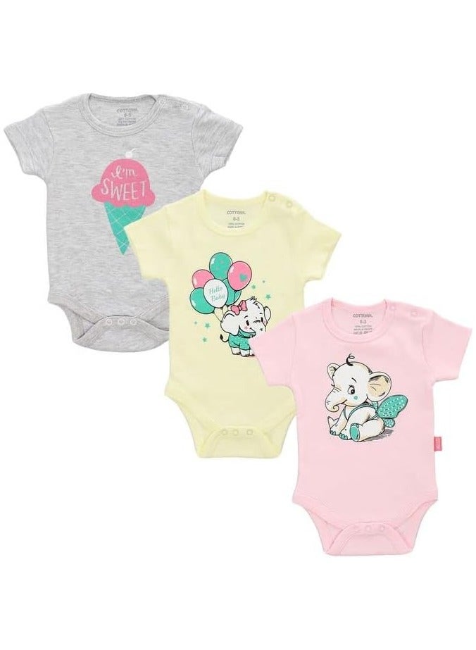 COTTONIL Baby Girls Half Sleeves Onesies "With Snap Closure" - Bundle of 3 Onesies  - Image 2