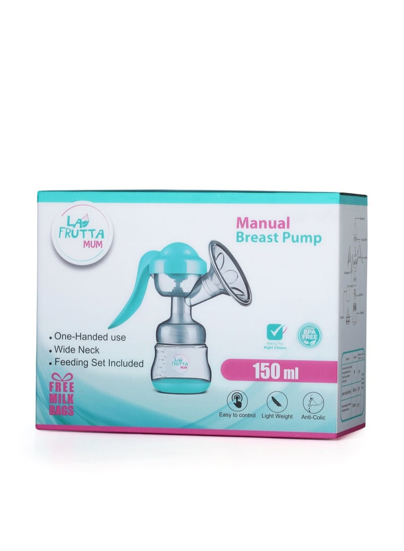 لا فروتا مضخة الثدي اليدوية ذات العنق العريض من La Frutta MUM، مضخة الحليب، ناعمة ولطيفة، يدوية، خالية من مادة BPA، زجاجة أطفال ذات عنق عريض 150 مل، حلمة سيليكون، تتضمن أكياس تخزين الحليب المجانية. - Image 2