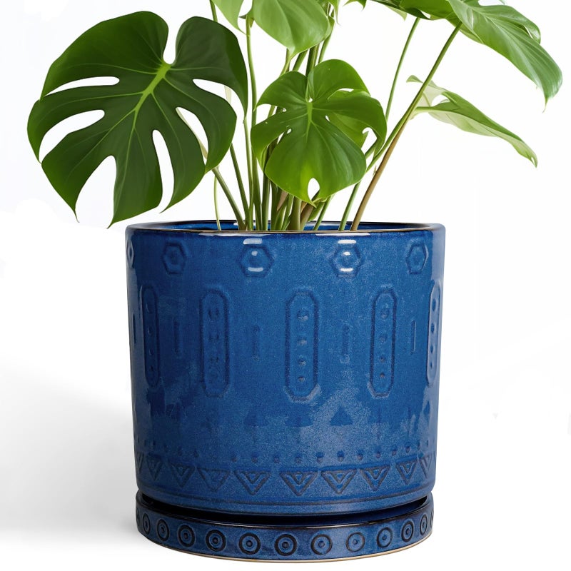 Eightpot 10 Inch Plant Pot - Ceramic Planter Outdoor Plant Pot Indoor with Drainage Holes and Saucer Large Flower Pot Round Decorative Planter for Garden Patio Decor Blue - Image 1