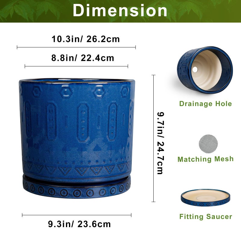Eightpot 10 Inch Plant Pot - Ceramic Planter Outdoor Plant Pot Indoor with Drainage Holes and Saucer Large Flower Pot Round Decorative Planter for Garden Patio Decor Blue - Image 3