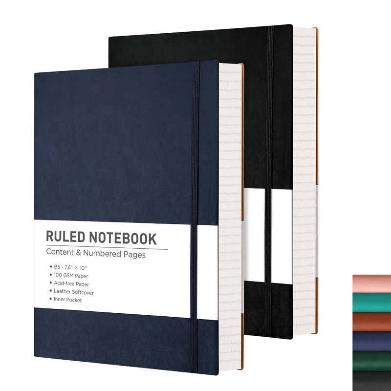 RETTACY Lined Journal Notebook, 2-Pack, 204 Numbered Pages per Pack, B5 Medium 7.6" Ã— 10", Leather Softcover, 100 GSM Thick Paper, for Writing, Work, School (Black & Navy Blue) - Image 1