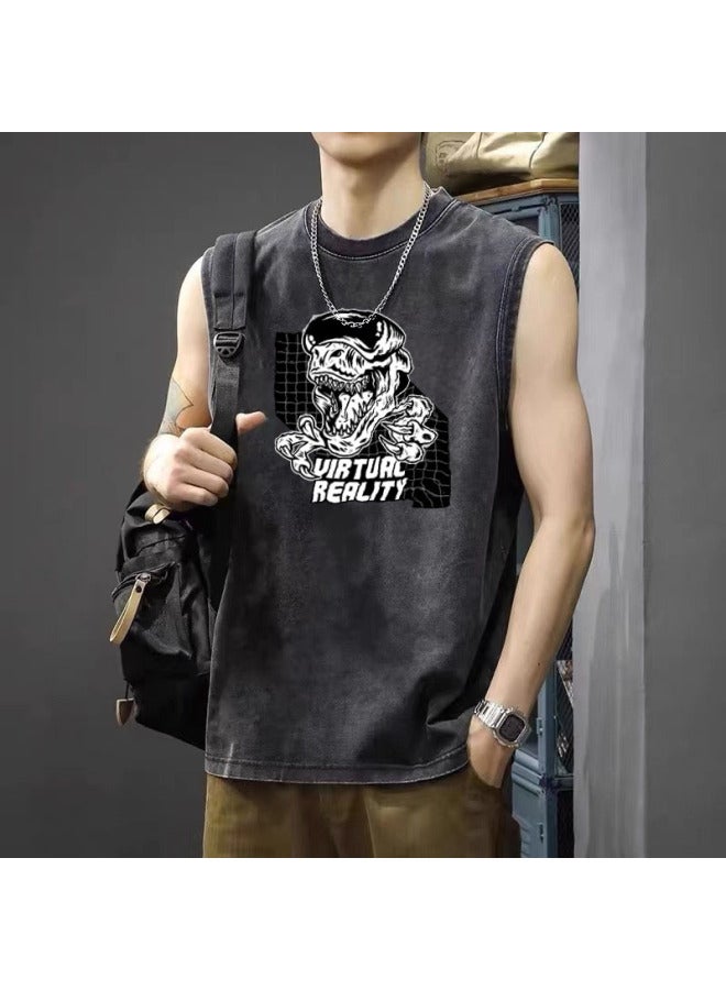 American Retro Vintage Washed Sleeveless T-shirt For Men, Summer Loose Oversized Tank Top, Breathable And Sweat-wicking Printed T-shirt