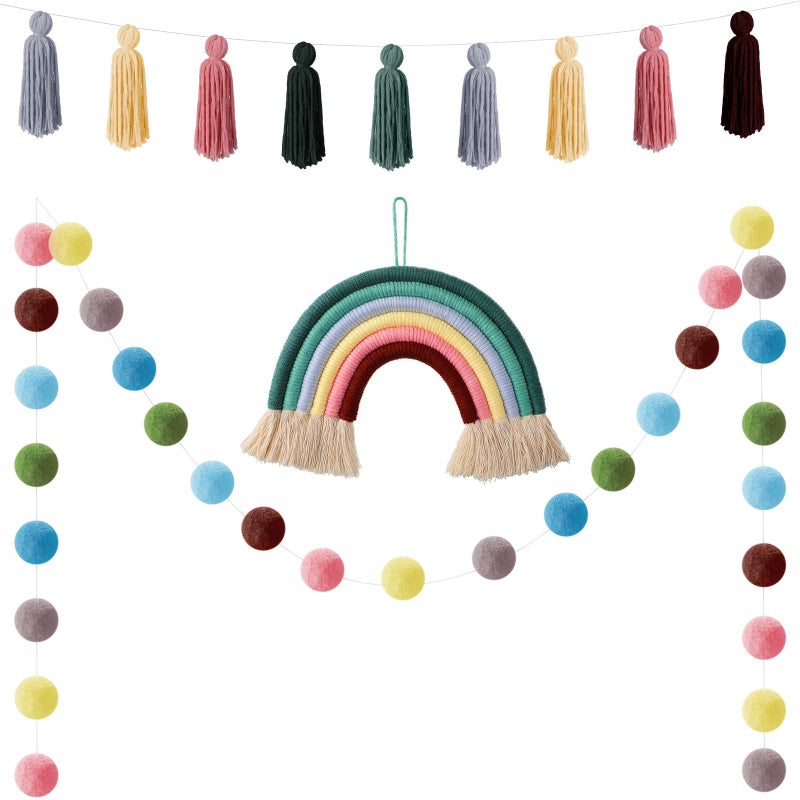 Boao 3 Pcs Boho Tassel Garland Boho Rainbow Pom Pom Garland Decor Colorful Pastel Macrame Banner Cotton Ball Wall Hanging Decor for Home Party Shower Supplies(Soft Rainbow Colors) - Image 1