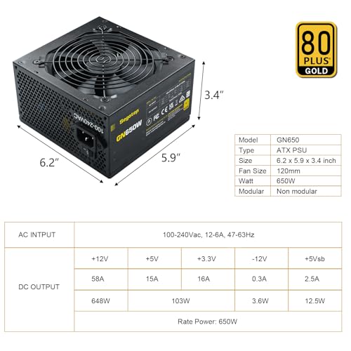 Segotep 650W 80 Plus Gold Certified Non-Modular ATX Power Supply with 6+2 Pin Connectors PFC Protection and RoHS Compliance, 120mm Silent Fan Gaming PSU GN-650 Black - Image 5
