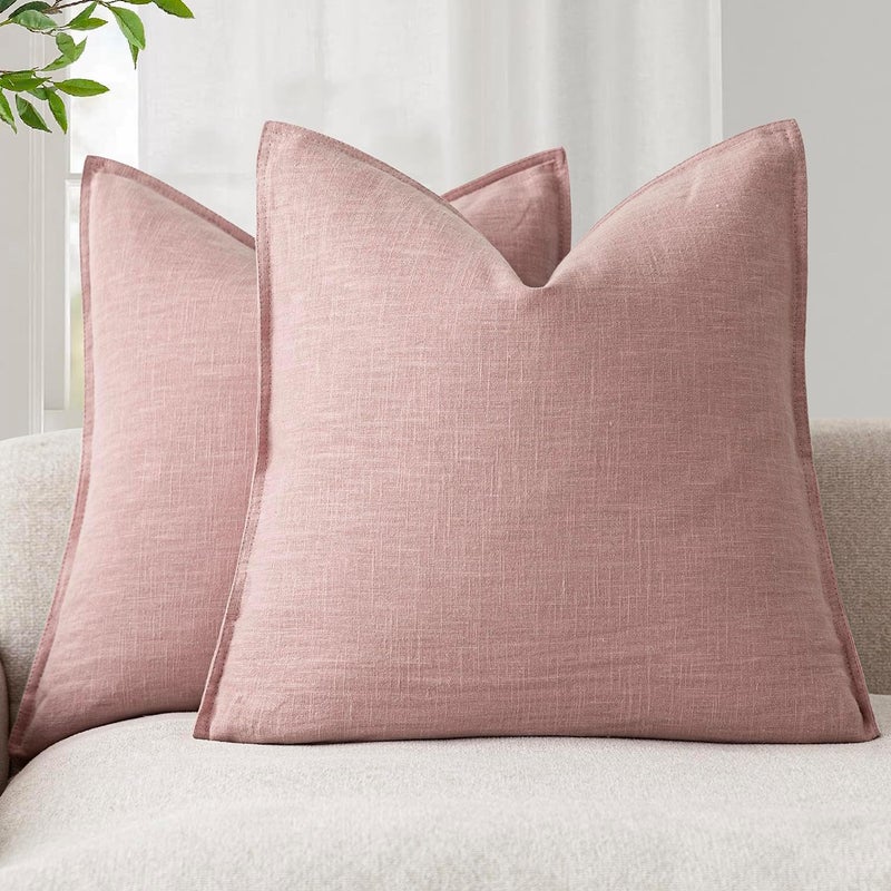 Foindtower Pack of 2, Decorative Linen Soild Throw Pillow Covers Soft Accent Cushion Euro Case Boho Farmhouse Pillowcase for Chair Couch Sofa Bedroom Living Room Home Decor 18 x 18 Inch Rose Pink - Image 1