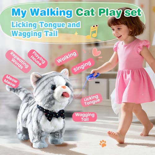 HCdoujoy Gray Leash Walking Cat Set Toy Interactive Talking Cat Singing Dancing Kitten Mimicking Repeat What You Say Kitty Touch and Voice Control Nodding Wagging Tail Plush Electric Robot for Kid Girl - Image 5