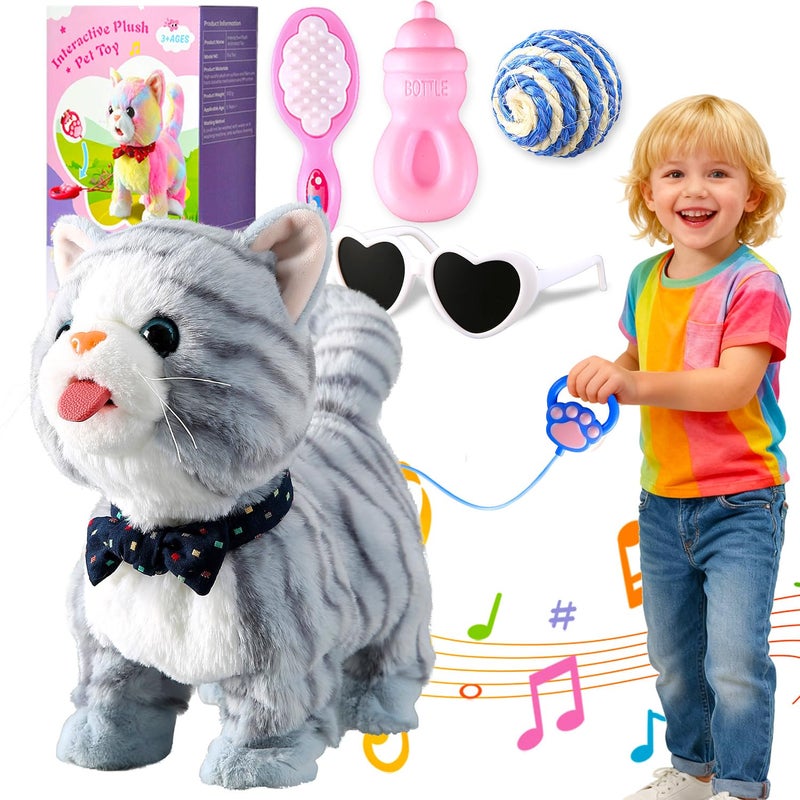 HCdoujoy Gray Leash Walking Cat Set Toy Interactive Talking Cat Singing Dancing Kitten Mimicking Repeat What You Say Kitty Touch and Voice Control Nodding Wagging Tail Plush Electric Robot for Kid Girl - Image 3