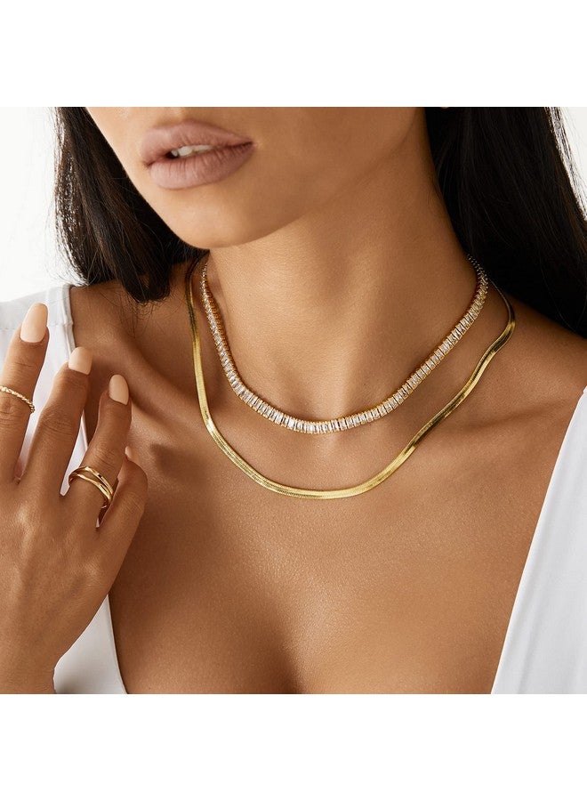 KissYan Gold Tennis Necklace for Women, 14K Gold Plated Cubic Zirconia Baguette Tennis Chain Paperclip Link Cuban Choker Dainty Jewelry Gifts(White) - Image 2