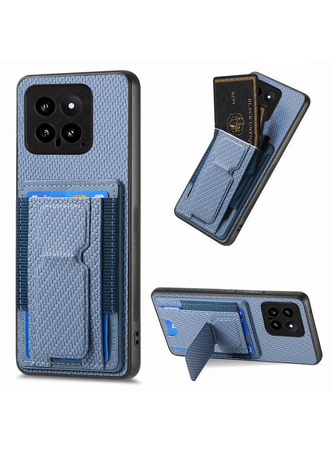 Green Tiger For Xiaomi 14 Carbon Fiber Fold Stand Elastic Card Bag Phone Case(Blue)