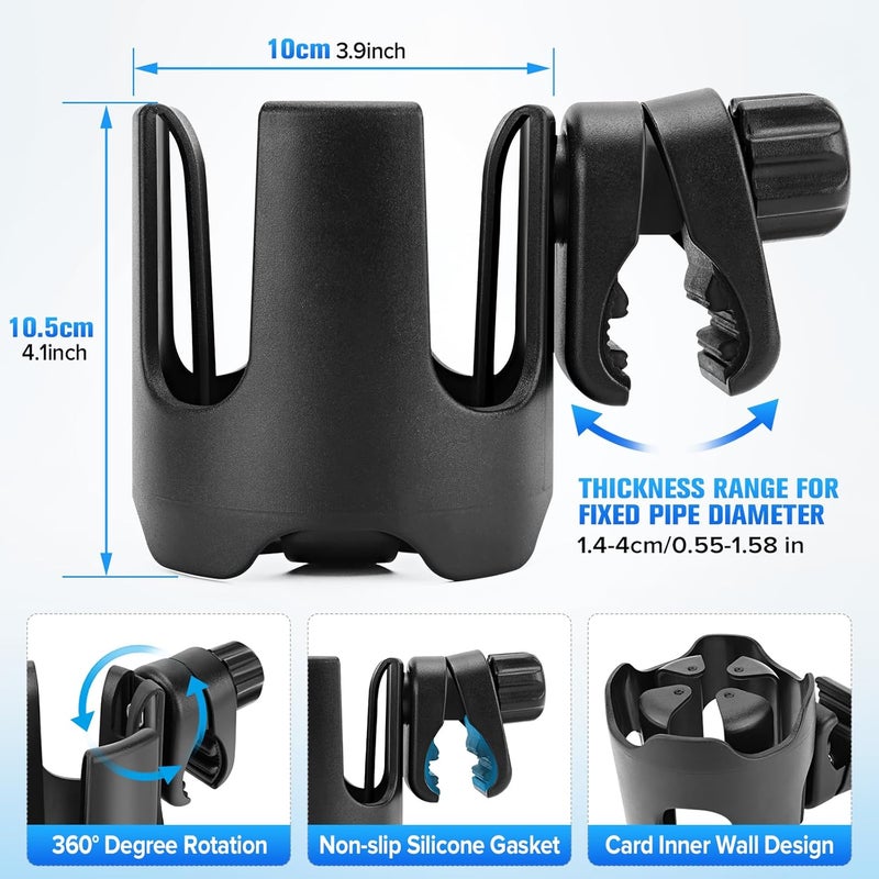 TSAKBAM Universal Stroller Cup Holder 360 Rotation Large Caliber Adjustable Cup Holder for Walker Wheelchair Bike Scooter Fits Most Cup Black - Image 2