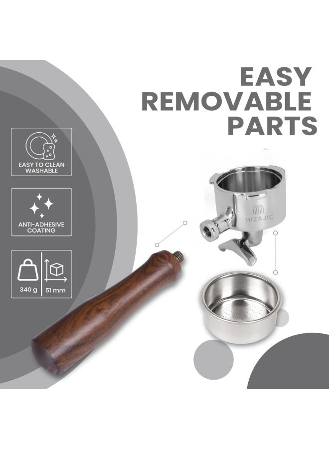 مزاجك حامل فلتر مزدوج الفوهة بقطر 51 مم متوافق مع حامل فلتر القهوة EC680 المصنوع من خشب الورد، مزود بسلة فلتر بديلة من الفولاذ المقاوم للصدأ ومقبض من خشب الورد. - Image 3