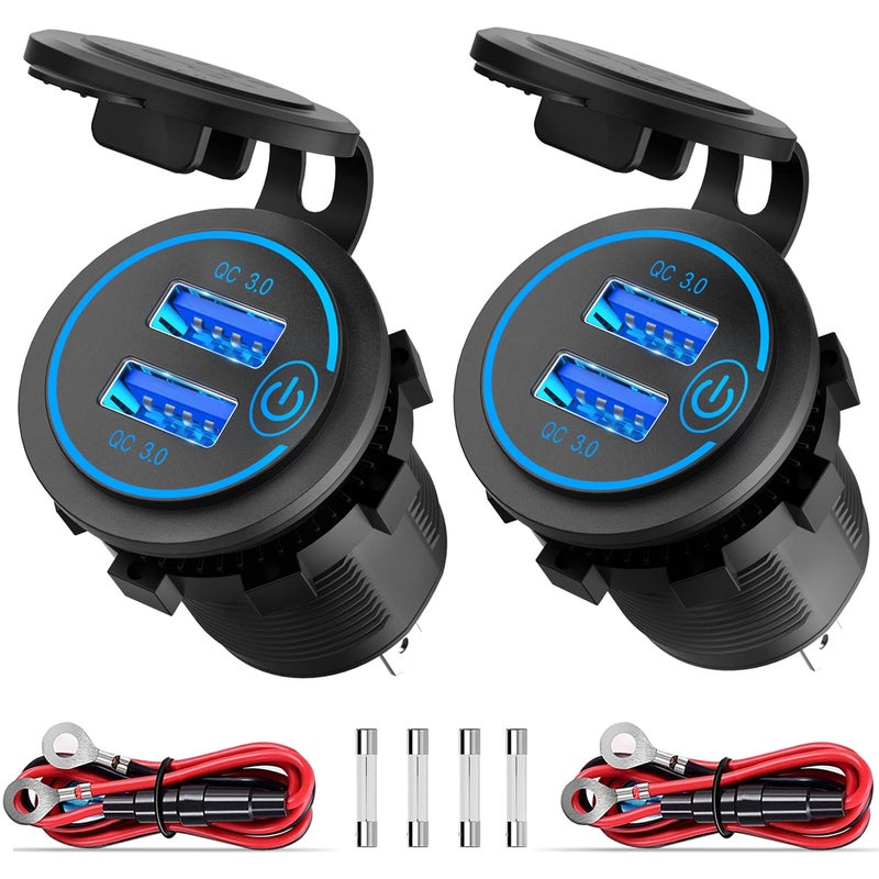 Qidoe [2 Pack] 12V USB Outlet, Quick Charge 3.0 Dual USB Power Outlet with Touch Switch, Waterproof 12V/24V Fast Charge USB Charger Socket DIY Kit for Car Boat Marine Bus Truck Golf Cart RV Motorcycle, etc. - Image 1