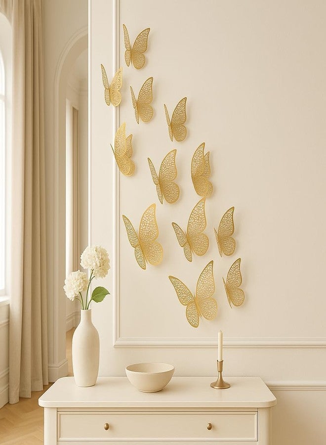 HARKNOX 12Pcs 3D Home Decor Butterfly Wall Stickers, Beautiful Kraft Paper, Reusable Self-Adhesive Art Decorations DIY Paper Butterflies for Living Room, Bedroom, Nursery, Party, Birthday (Golden) - Image 2